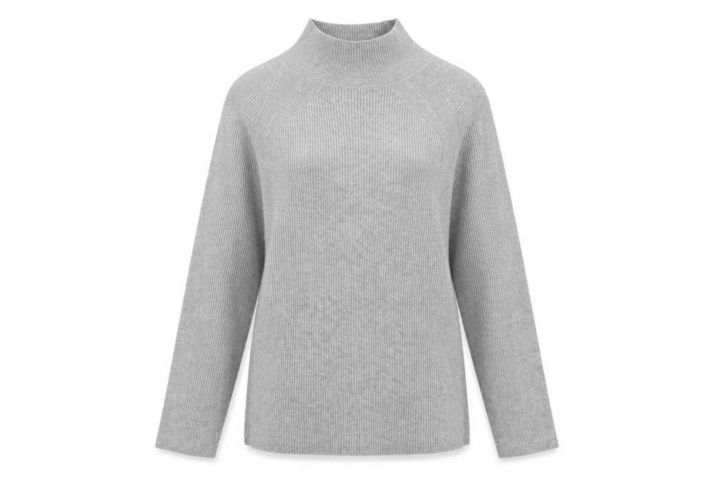 Front view of Marks & Spencer women’s grey high neck viscose jumper, size UK 10