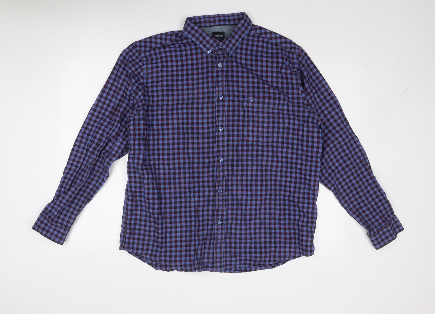EWM Mens Blue Check Cotton Button-Up Size XL Collared Button