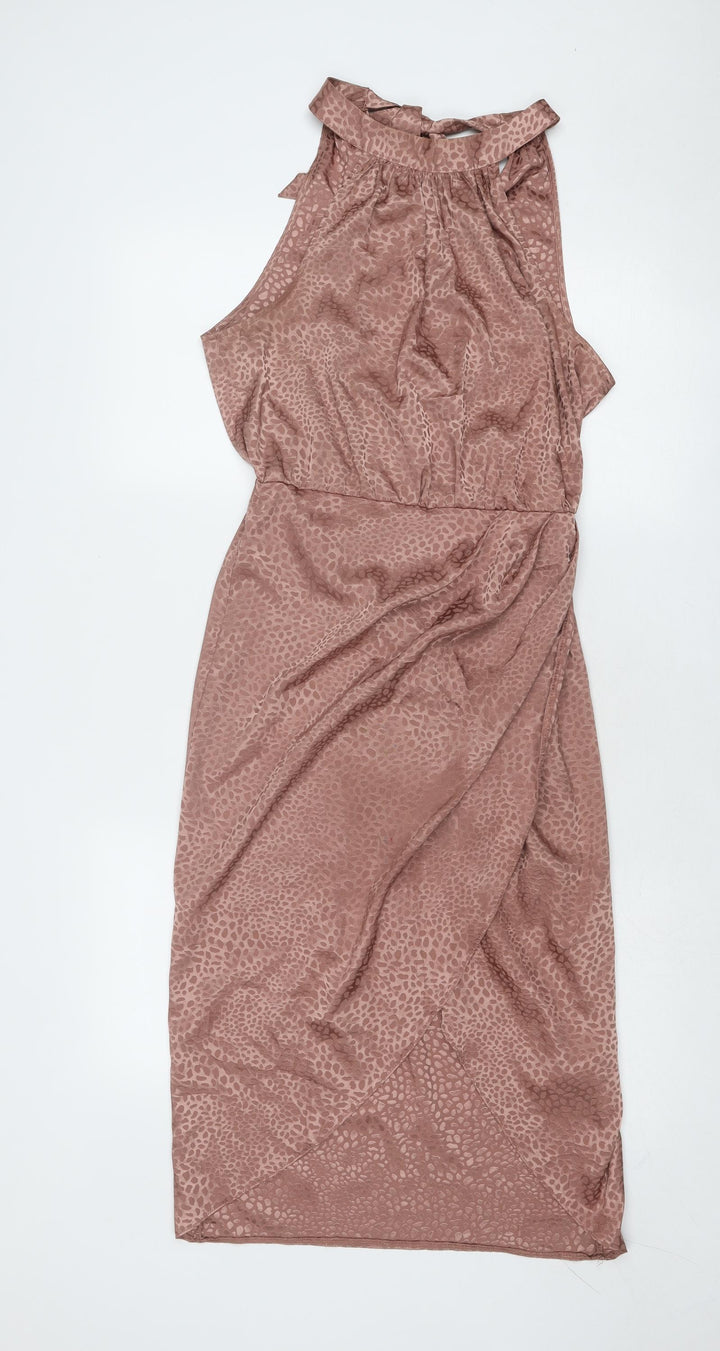 New Look Womens Brown Animal Print Polyester Sheath Size 10 Round Neck Tie - Elastic Waist