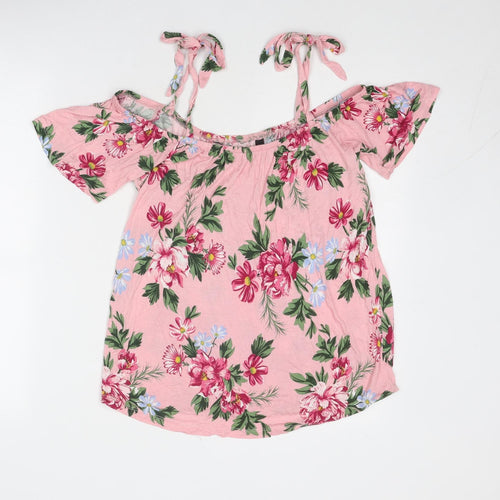 Dorothy Perkins Womens Pink Floral Viscose Basic Blouse Size 10 Round Neck - Cold Shoulder