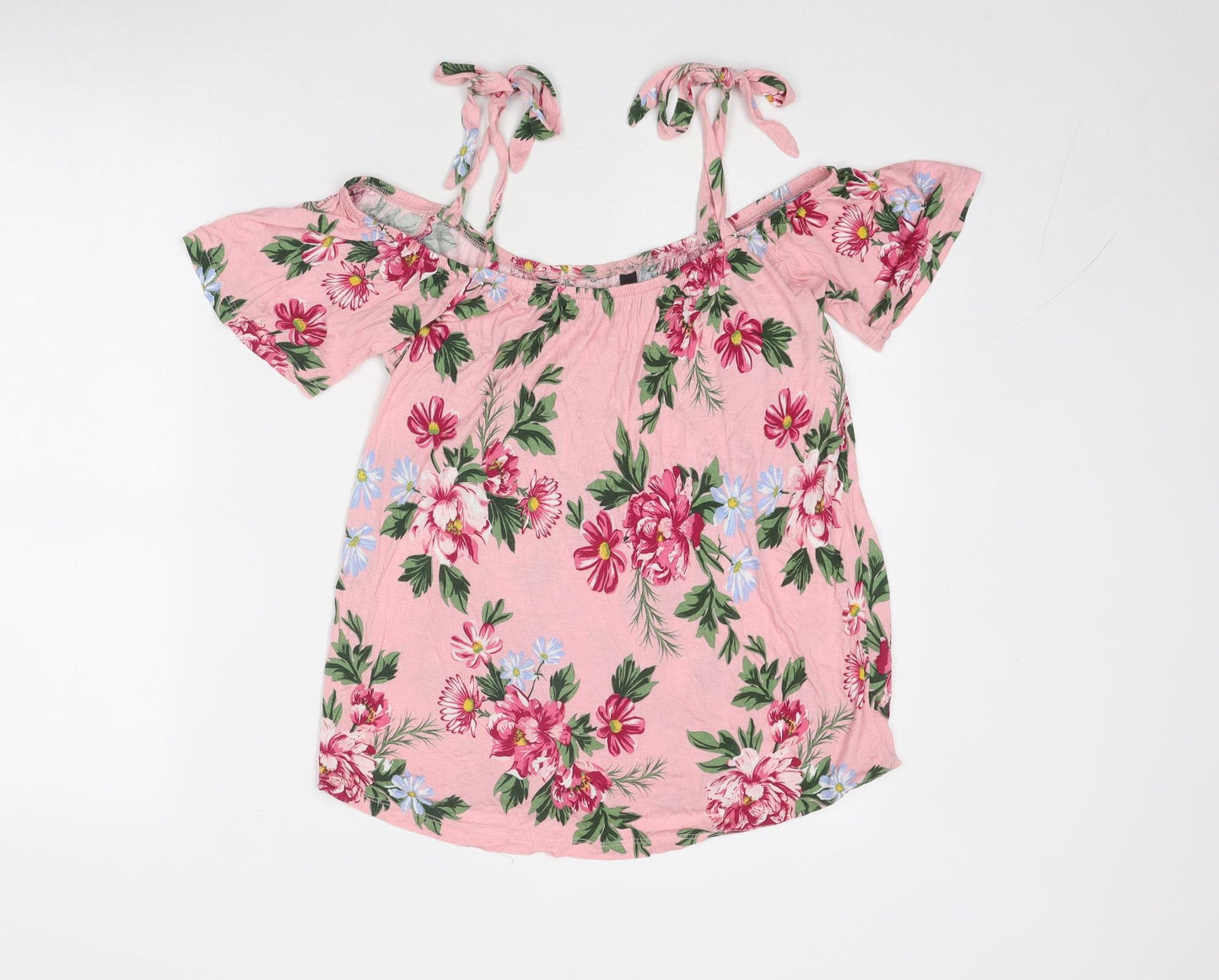 Dorothy Perkins Womens Pink Floral Viscose Basic Blouse Size 10 Round Neck - Cold Shoulder