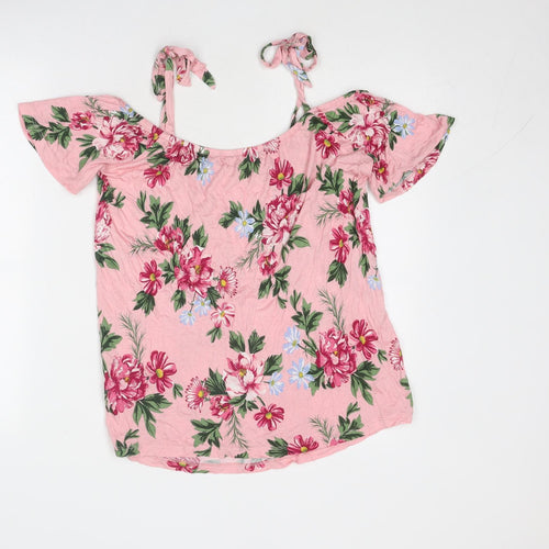 Dorothy Perkins Womens Pink Floral Viscose Basic Blouse Size 10 Round Neck - Cold Shoulder