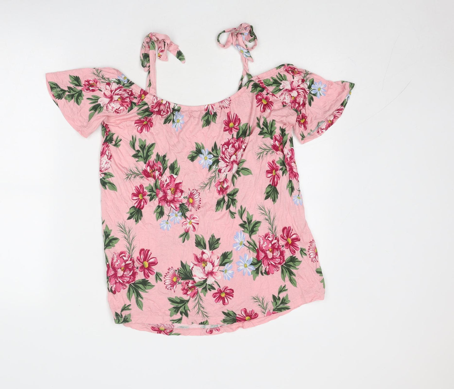 Dorothy Perkins Womens Pink Floral Viscose Basic Blouse Size 10 Round Neck - Cold Shoulder