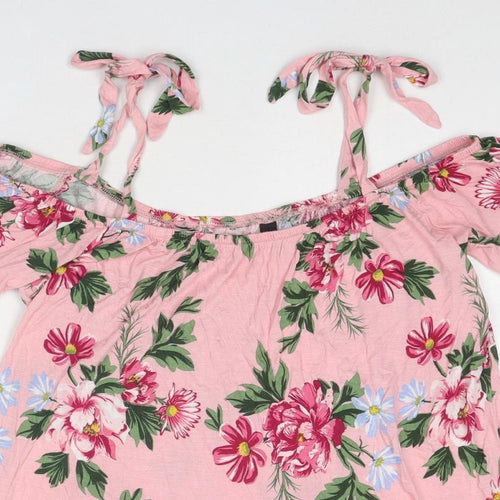 Dorothy Perkins Womens Pink Floral Viscose Basic Blouse Size 10 Round Neck - Cold Shoulder