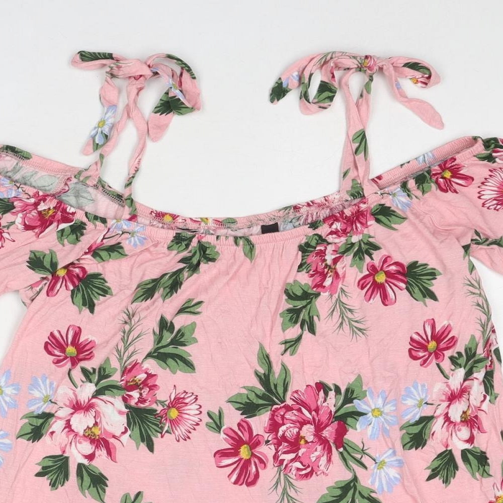 Dorothy Perkins Womens Pink Floral Viscose Basic Blouse Size 10 Round Neck - Cold Shoulder