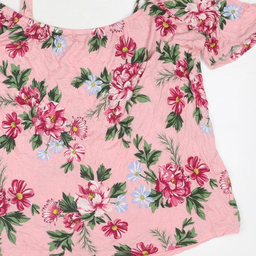 Dorothy Perkins Womens Pink Floral Viscose Basic Blouse Size 10 Round Neck - Cold Shoulder