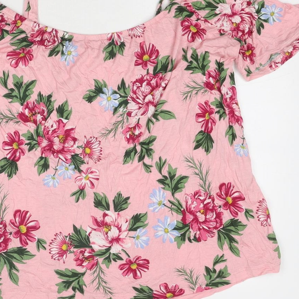 Dorothy Perkins Womens Pink Floral Viscose Basic Blouse Size 10 Round Neck - Cold Shoulder