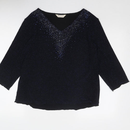 Bonmarché Womens Blue Nylon Basic Blouse Size L V-Neck - Embellished Neckline