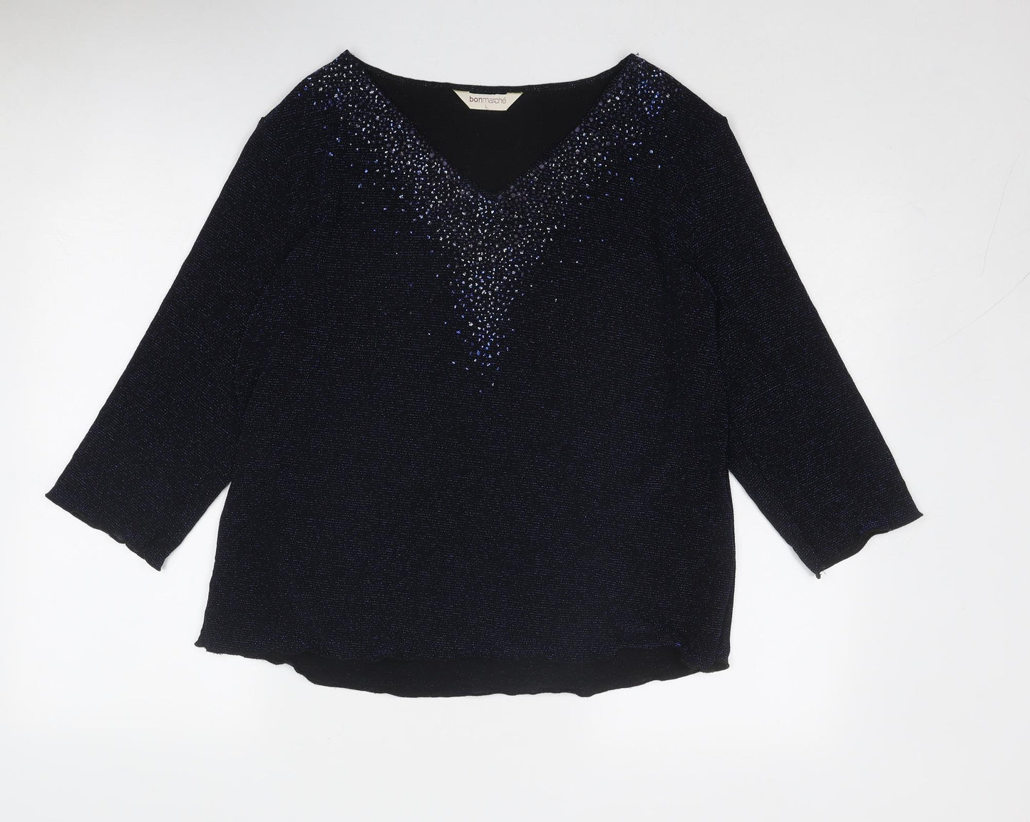 Bonmarché Womens Blue Nylon Basic Blouse Size L V-Neck - Embellished Neckline