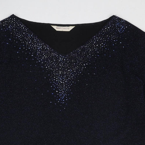 Bonmarché Womens Blue Nylon Basic Blouse Size L V-Neck - Embellished Neckline