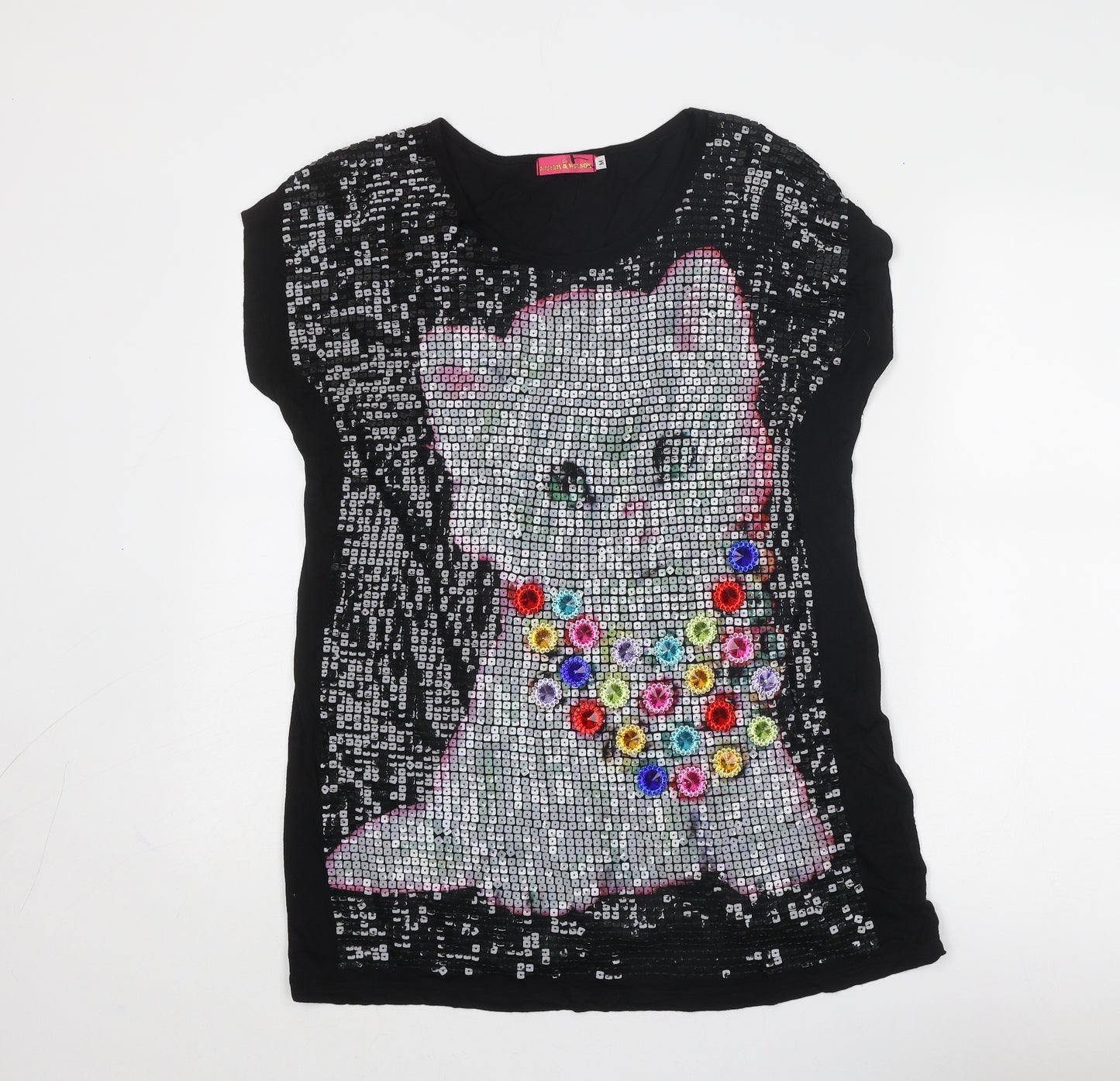 Butler & Wilson Womens Black Polyester Basic T-Shirt Size M Boat Neck - Cat