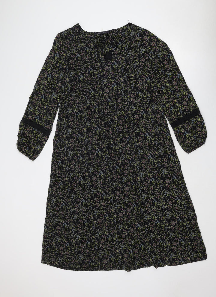 Marks and Spencer Womens Black Floral Viscose Trapeze & Swing Size 10 Round Neck Tie