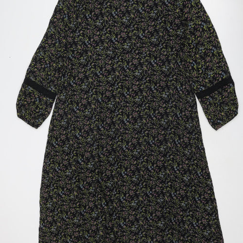 Marks and Spencer Womens Black Floral Viscose Trapeze & Swing Size 10 Round Neck Tie