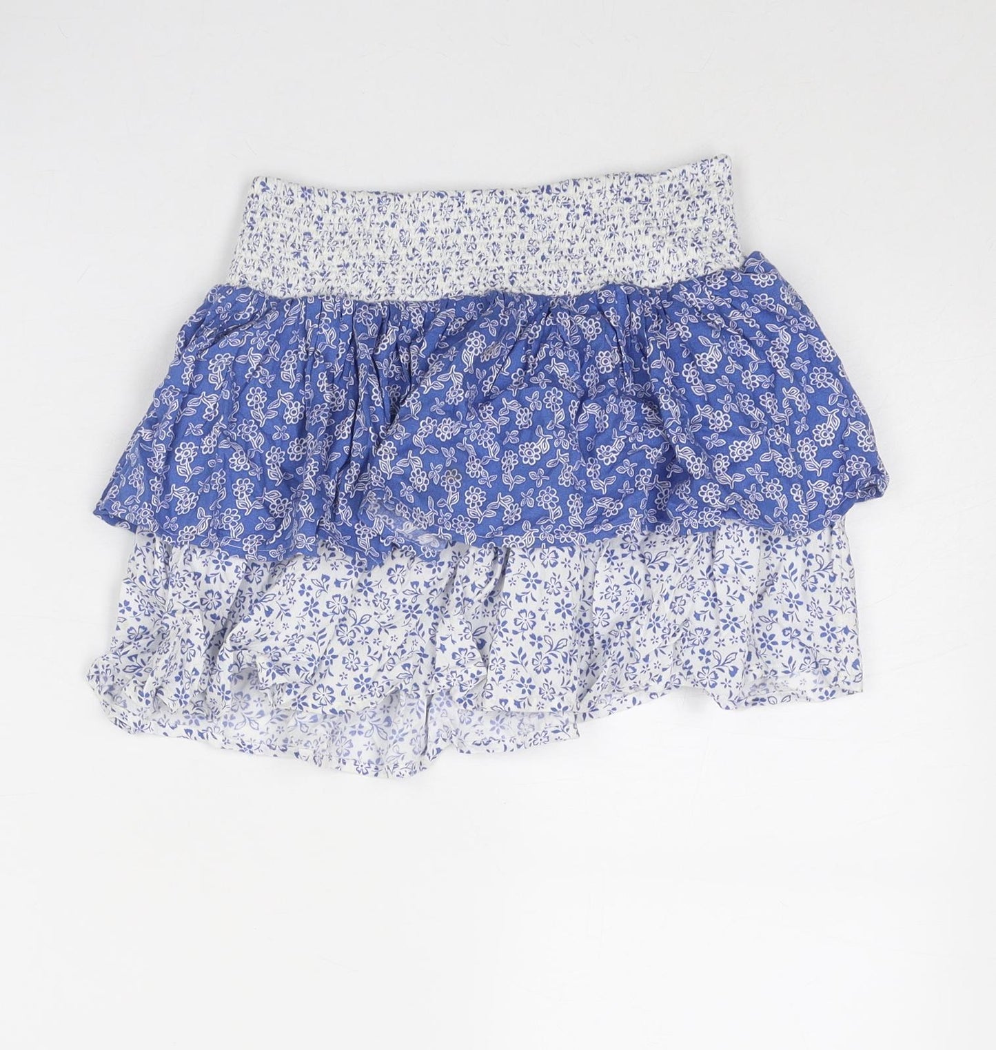 Marks and Spencer Girls Blue Floral Viscose Mini Skirt Size 8-9 Years Regular Pull On