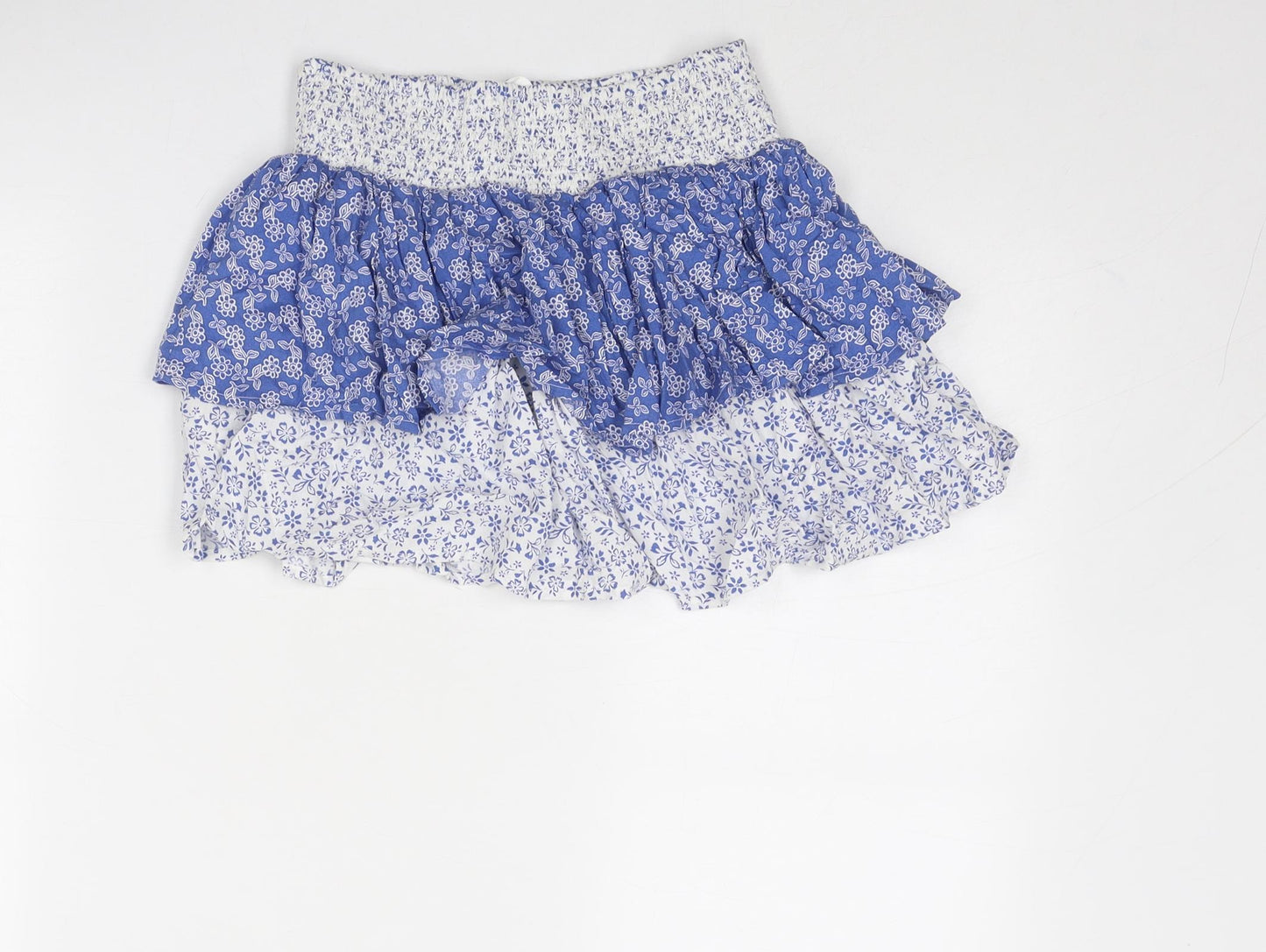 Marks and Spencer Girls Blue Floral Viscose Mini Skirt Size 8-9 Years Regular Pull On