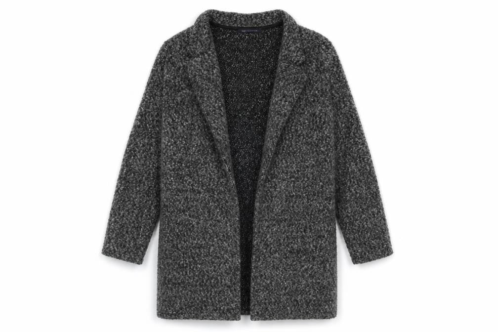 Front view of Marks & Spencer women’s grey geometric overcoat coat, size UK 14