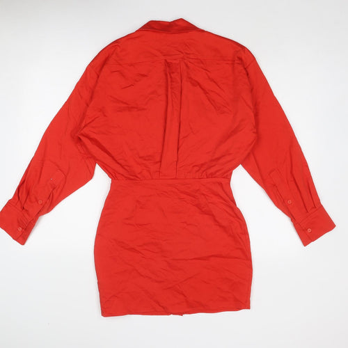 Zara Womens Red Cotton Shirt Dress Size S Collared Button