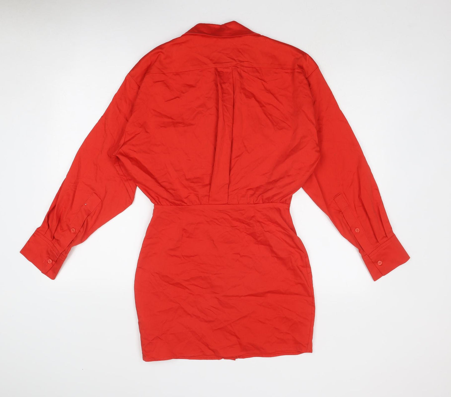 Zara Womens Red Cotton Shirt Dress Size S Collared Button