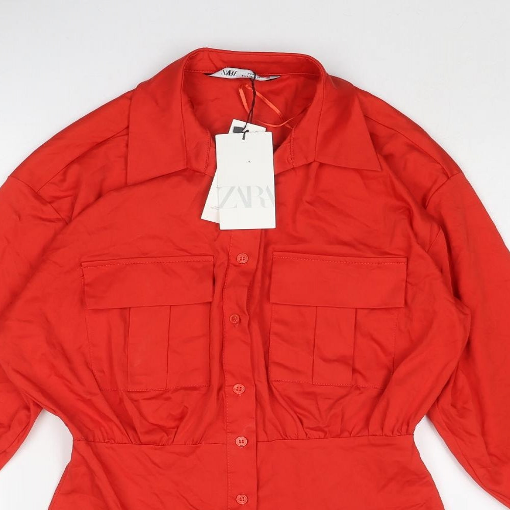 Zara Womens Red Cotton Shirt Dress Size S Collared Button