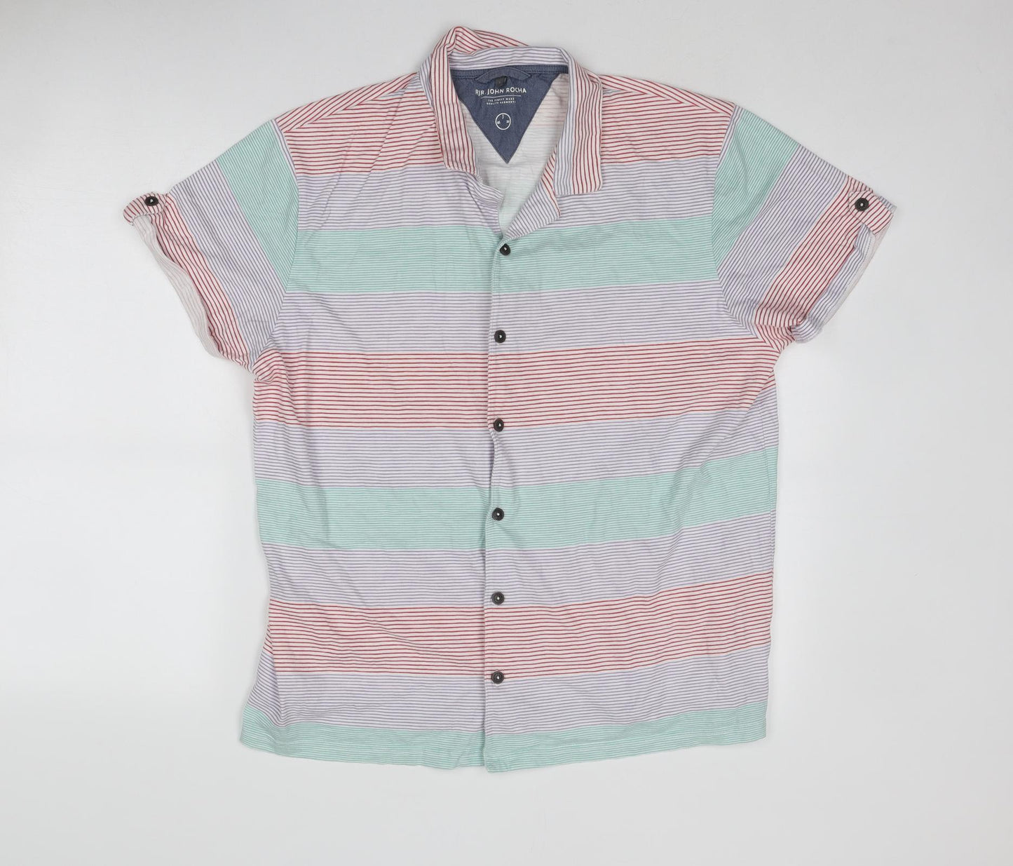 RJR.John Rocha Mens Multicoloured Striped Cotton Polo Size L Collared Button