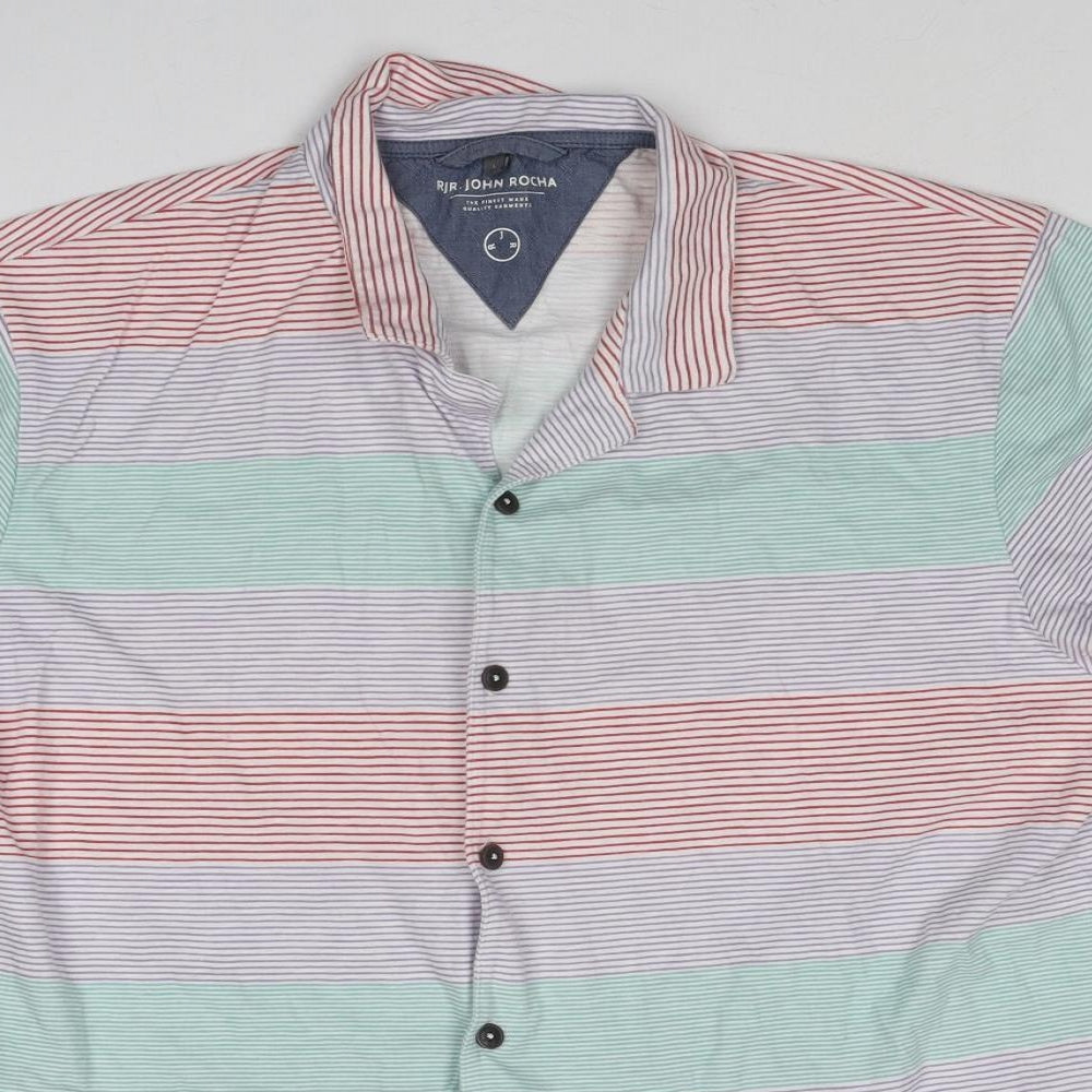 RJR.John Rocha Mens Multicoloured Striped Cotton Polo Size L Collared Button