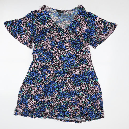 New Look Womens Blue Floral Viscose A-Line Size 16 V-Neck Pullover