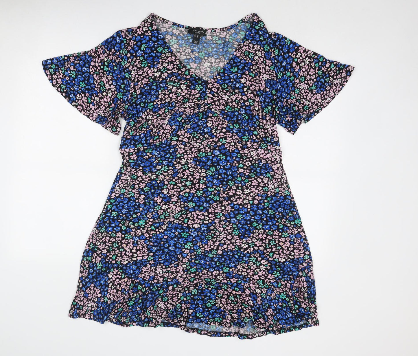 New Look Womens Blue Floral Viscose A-Line Size 16 V-Neck Pullover