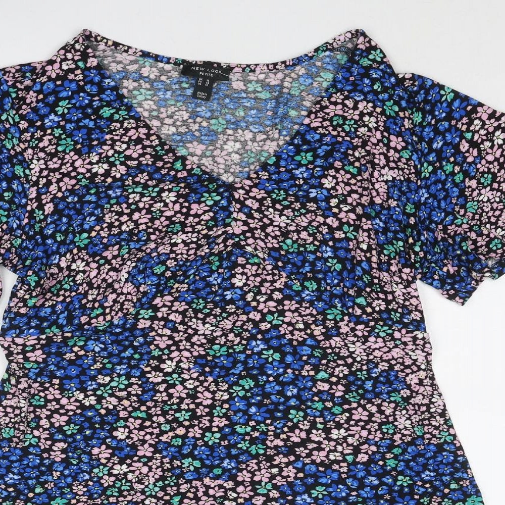 New Look Womens Blue Floral Viscose A-Line Size 16 V-Neck Pullover