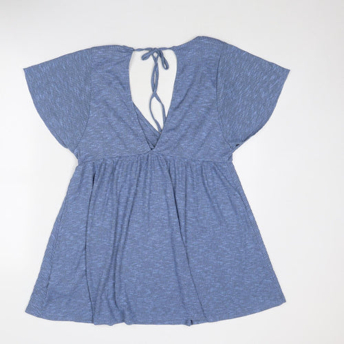 Pull&Bear Womens Blue Viscose T-Shirt Dress Size S V-Neck Tie