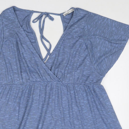 Pull&Bear Womens Blue Viscose T-Shirt Dress Size S V-Neck Tie