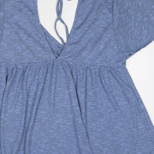 Pull&Bear Womens Blue Viscose T-Shirt Dress Size S V-Neck Tie
