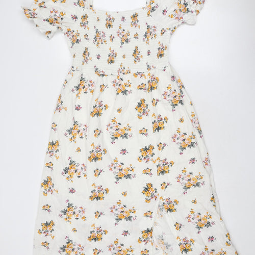 Dorothy Perkins Womens White Floral Cotton Trapeze & Swing Size 14 Square Neck Pullover