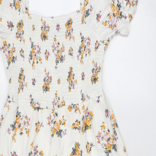 Dorothy Perkins Womens White Floral Cotton Trapeze & Swing Size 14 Square Neck Pullover