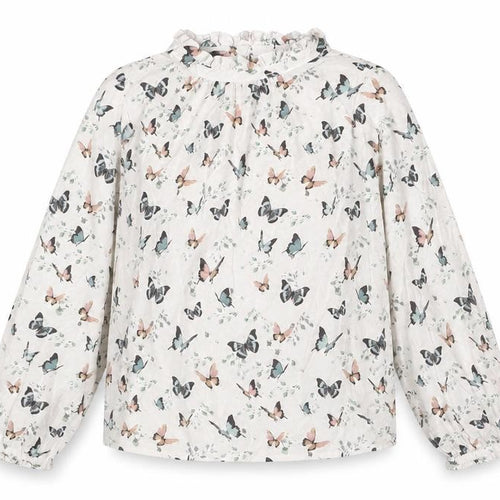 Mango Girls Beige Geometric Viscose Basic Blouse Size 9 Years Mock Neck Button - Butterfly Pattern