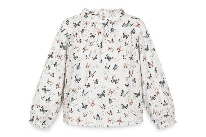 Mango Girls Beige Geometric Viscose Basic Blouse Size 9 Years Mock Neck Button - Butterfly Pattern