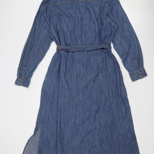 Marks and Spencer Womens Blue Cotton Shirt Dress Size 16 Collared Button