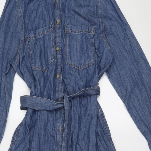 Marks and Spencer Womens Blue Cotton Shirt Dress Size 16 Collared Button