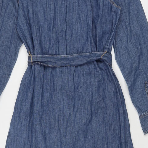 Marks and Spencer Womens Blue Cotton Shirt Dress Size 16 Collared Button