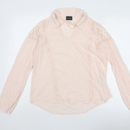 VILA Womens Pink Cotton Basic Blouse Size S Collared - Lace Details