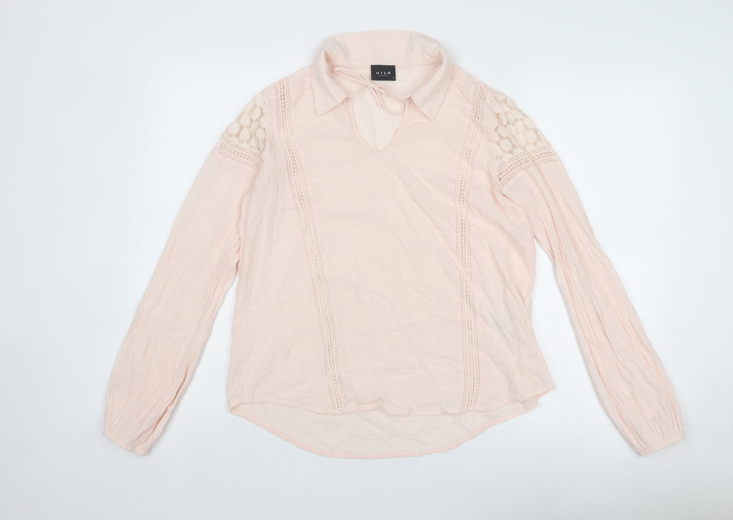 VILA Womens Pink Cotton Basic Blouse Size S Collared - Lace Details
