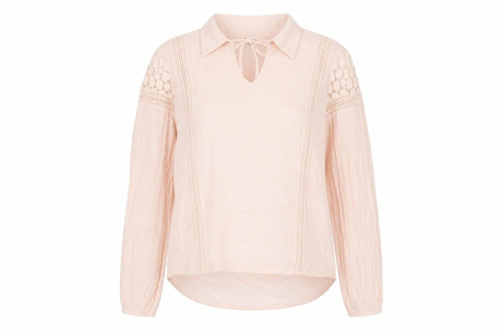 Front view of VILA women’s pink cotton basic blouse, size S, collared - lace details