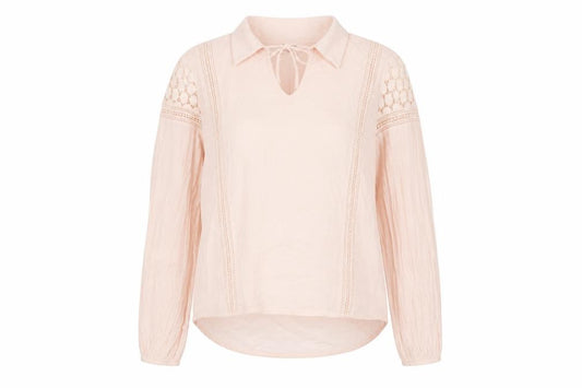 Front view of VILA women’s pink cotton basic blouse, size S, collared - lace details