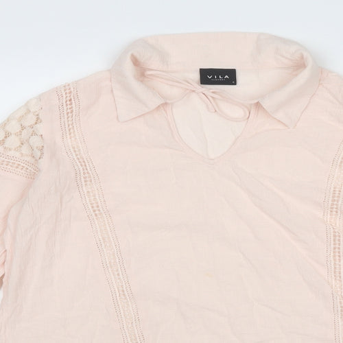 VILA Womens Pink Cotton Basic Blouse Size S Collared - Lace Details