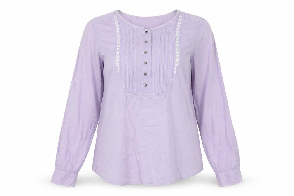 Front view of Gap women’s purple cotton basic blouse, size S, round neck