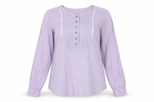 Front view of Gap women’s purple cotton basic blouse, size S, round neck