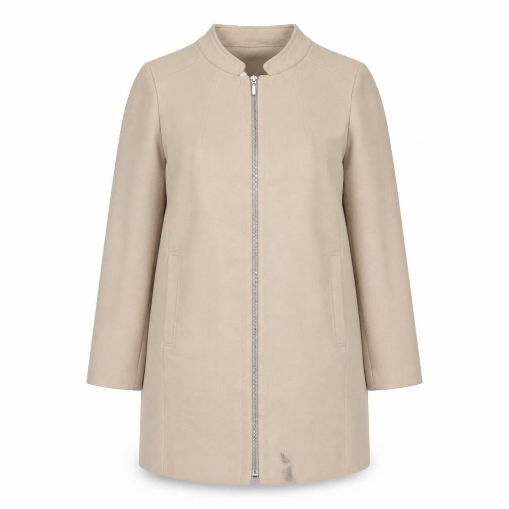 Front view of Marks & Spencer women’s beige overcoat coat, size UK 12, zip