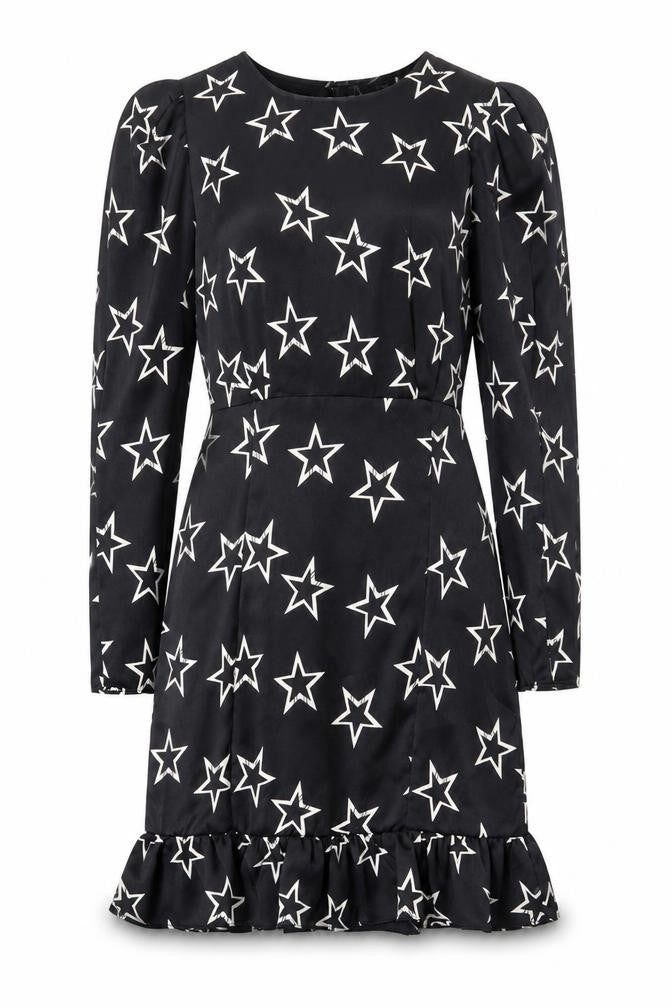 Front view of River Island women’s black geometric polyester sheath, size UK 10, round neck zip - star print