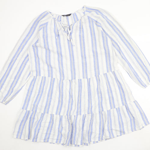 Marks and Spencer Womens White Striped Cotton A-Line Size 16 Boat Neck Tie
