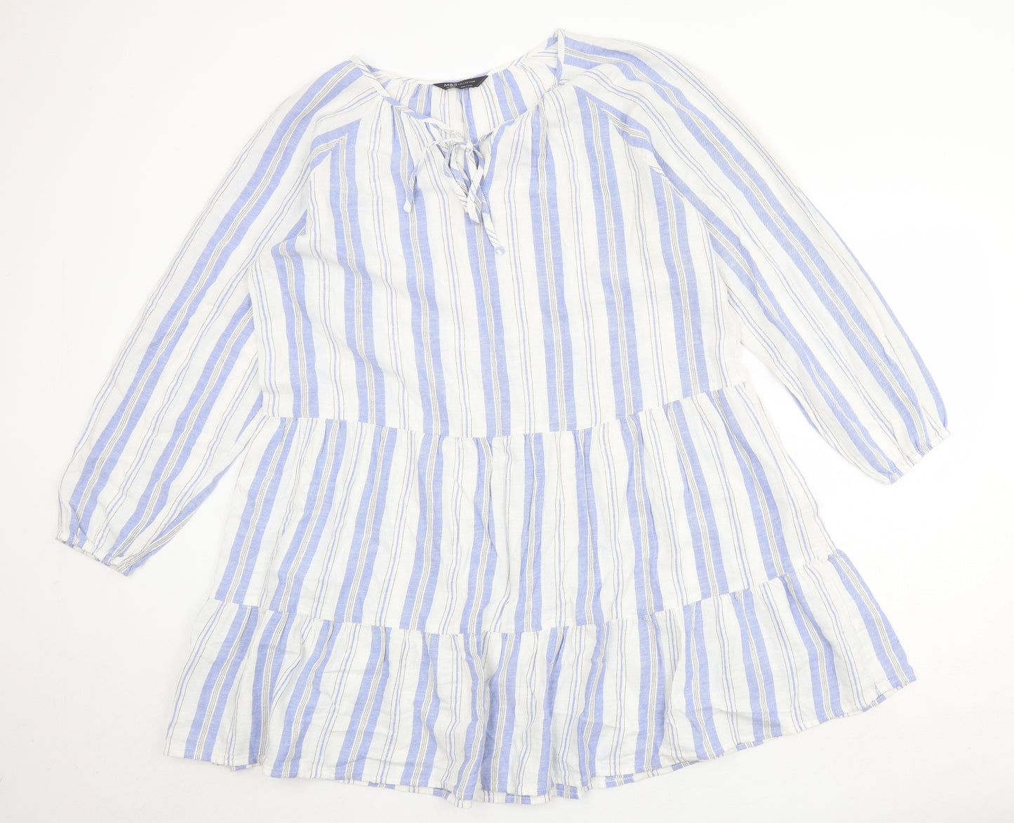 Marks and Spencer Womens White Striped Cotton A-Line Size 16 Boat Neck Tie