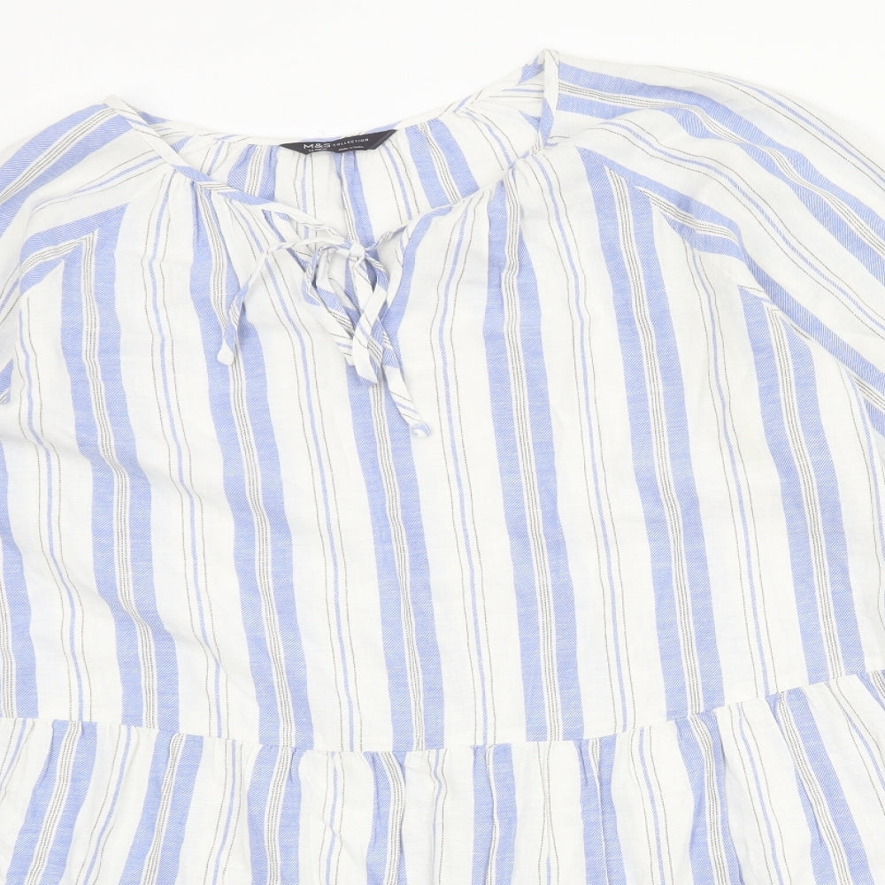 Marks and Spencer Womens White Striped Cotton A-Line Size 16 Boat Neck Tie
